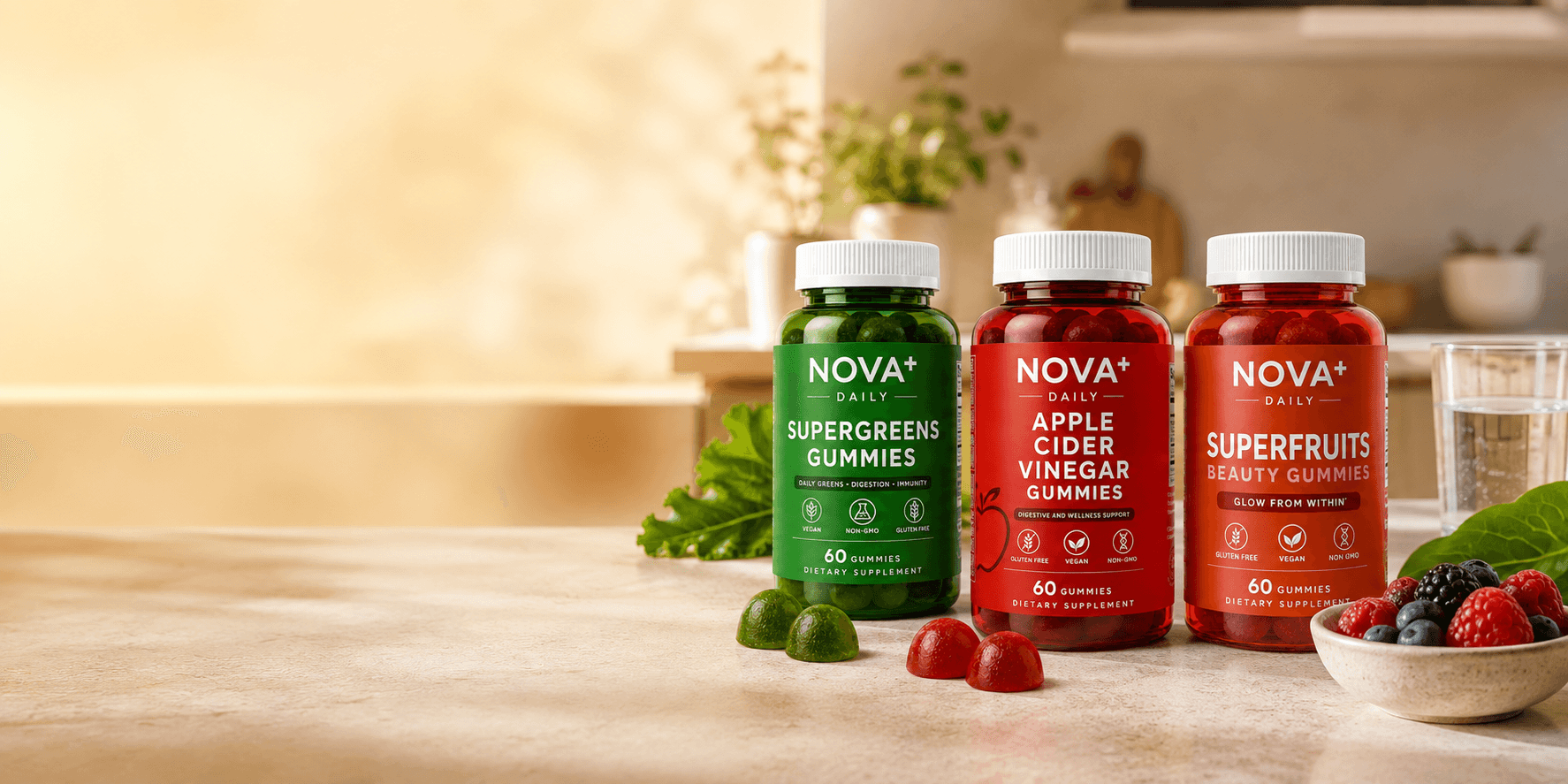 NOVA+ Apple Cider, Supergreens and Superfruits Gummies in a sunlit kitchen