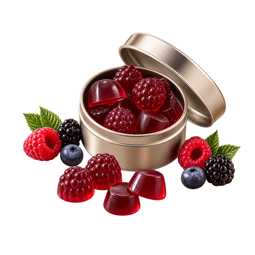 Portable red gummies in a travel tin