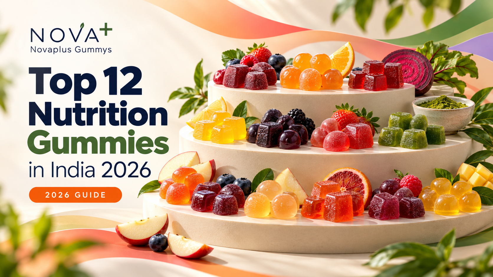 Top 12 Nutrition Gummies in India 2026 Novaplus buying guide with a colorful collection of gummies