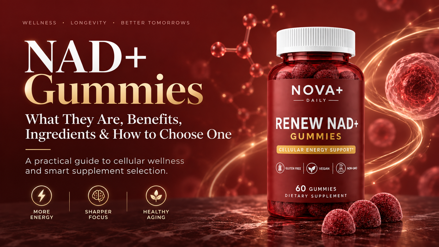 NOVA+ Renew NAD+ Gummies bottle with golden gummies and cellular wellness ingredients