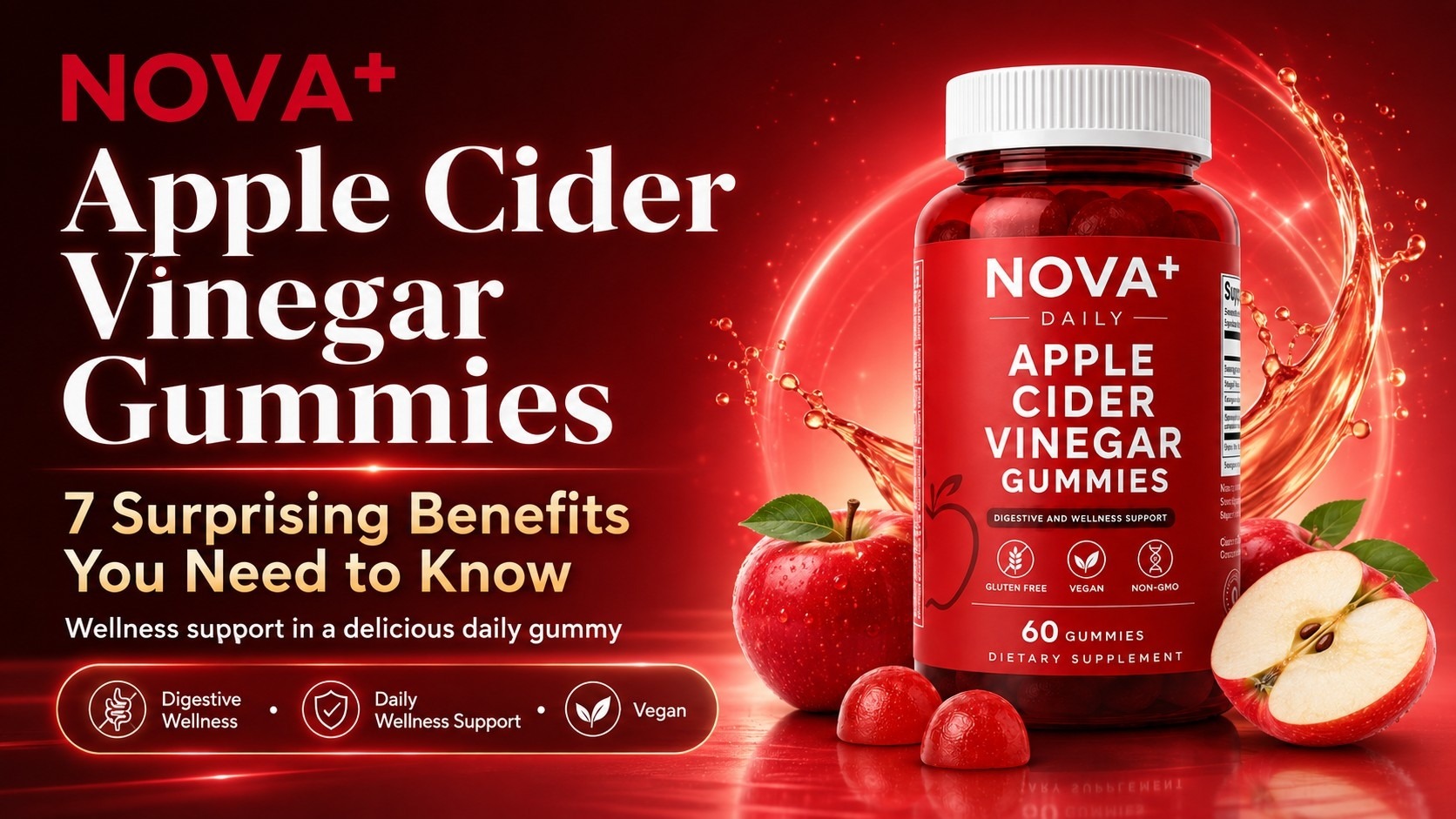 Red apple cider vinegar gummies with fresh apples and amber apple cider vinegar in a sunlit kitchen